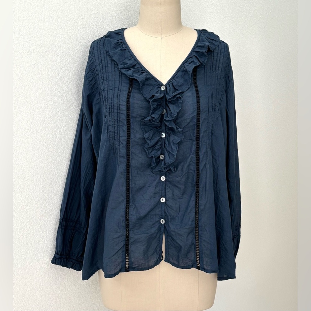 JP and Mattie ‘Lettie’ Ruffle Shirt NWT Navy Cotton Ruffles Cottagecore M